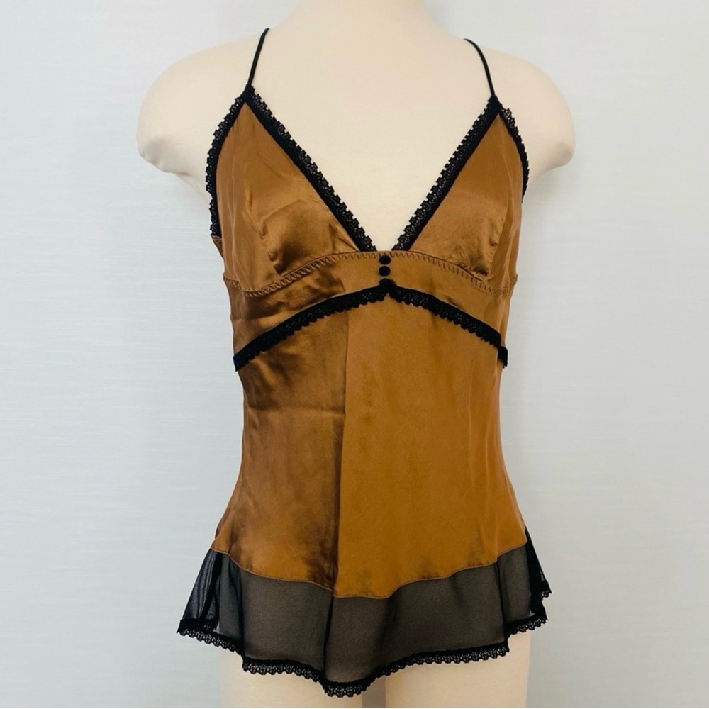 Intimissimi Silk Golden Brown Luxury Stretch Black Sheer Mesh Cami Tank Top L